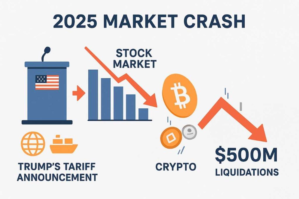 Infographic of the 2025 market crash showing Trump’s tariff announcement leading to a stock market drop, crypto collapse, and $500M liquidations.