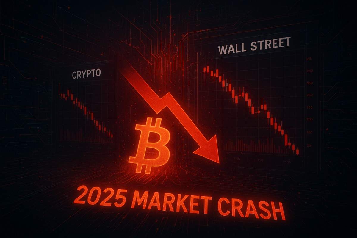 Digital illustration of the 2025 market crash with Bitcoin symbol, Wall Street and crypto charts plunging, and a red downward arrow.