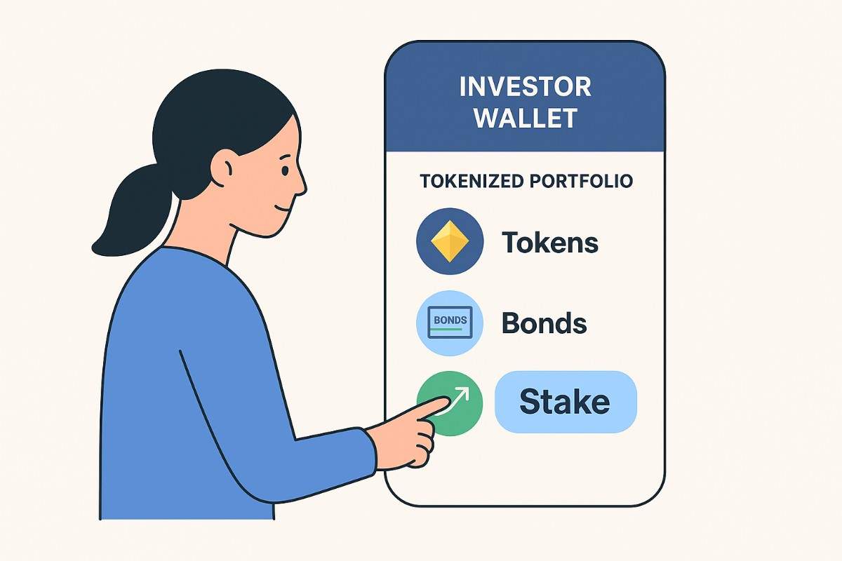 Illustration of a person interacting with an investor wallet interface showing a tokenized portfolio with tokens, bonds, and staking options.