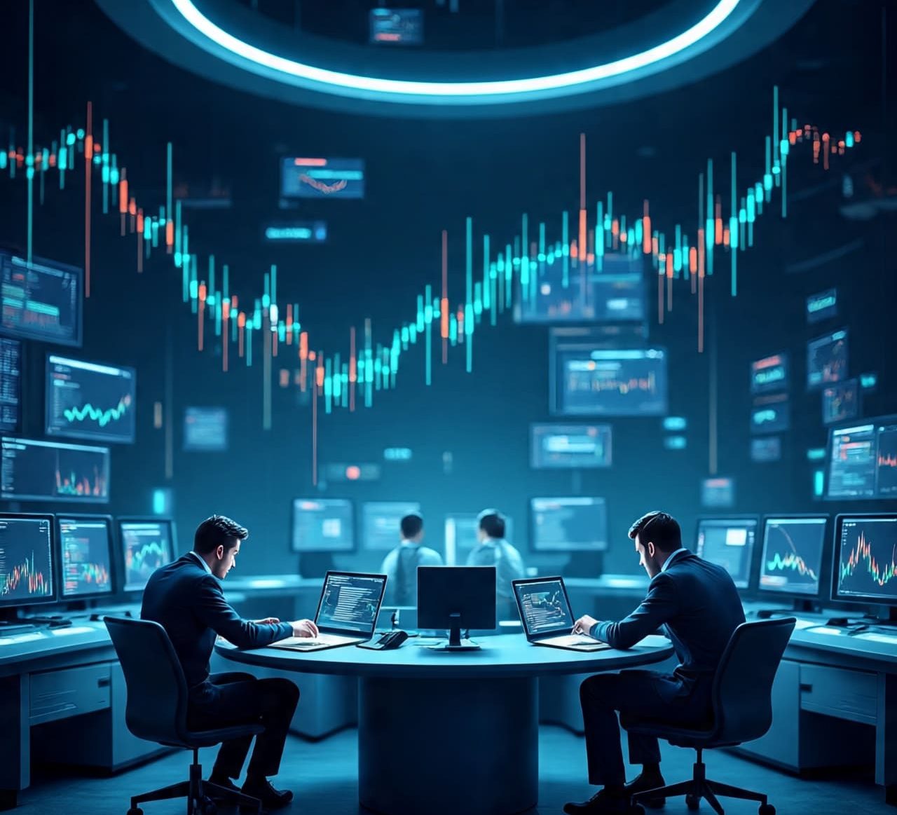 AI Power ETF Trading strategies in a modern financial trading room with stock market charts