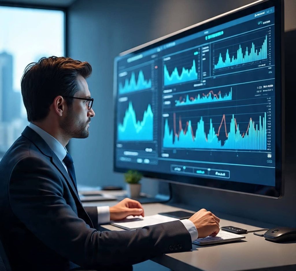 Businessman analyzing stock market charts and AI-driven financial data on large screen