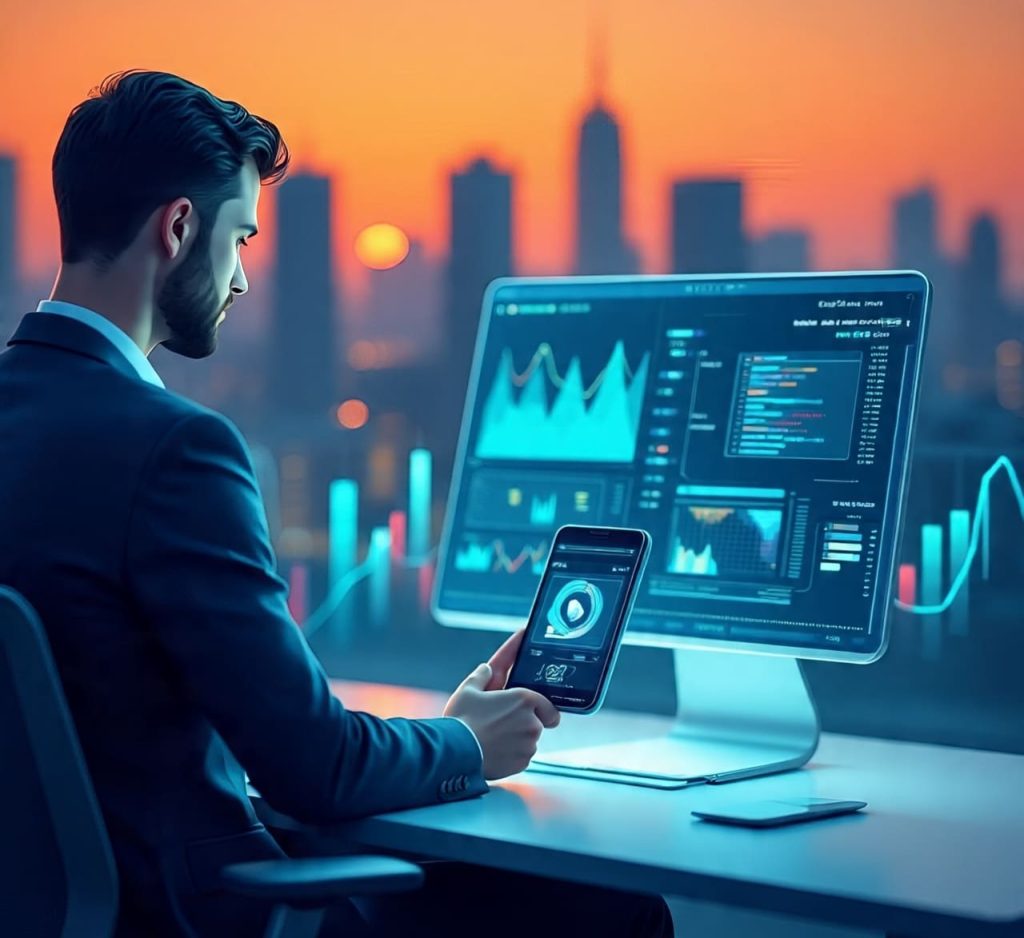 Investor using AI robo advisor on screen for portfolio managment