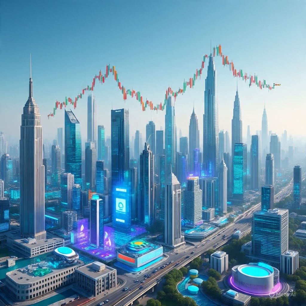 Futuristic city skyline with stock market chart rising above skyscrapers in 2025