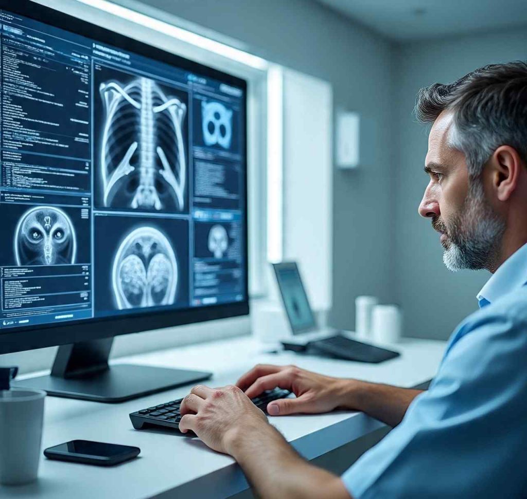 AI system analyzing medical scans and supporting drug discovery research in healthcare.