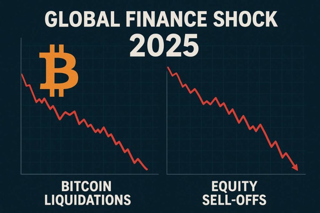 Global finance shock 2025 showing Bitcoin liquidations and equity sell-offs