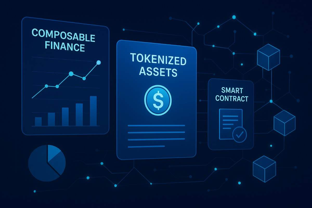 Digital illustration showing composable finance with charts, tokenized assets symbolized by a dollar icon, and smart contracts represented on blockchain technology.