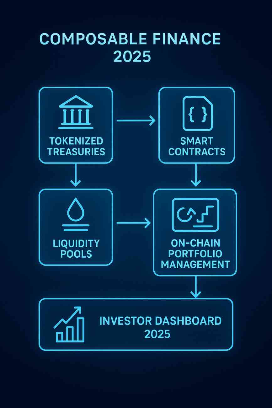 Diagram showing Composable Finance 2025 with interconnected blocks: tokenized treasuries, smart contracts, liquidity pools, on-chain portfolio management, and an investor dashboard.