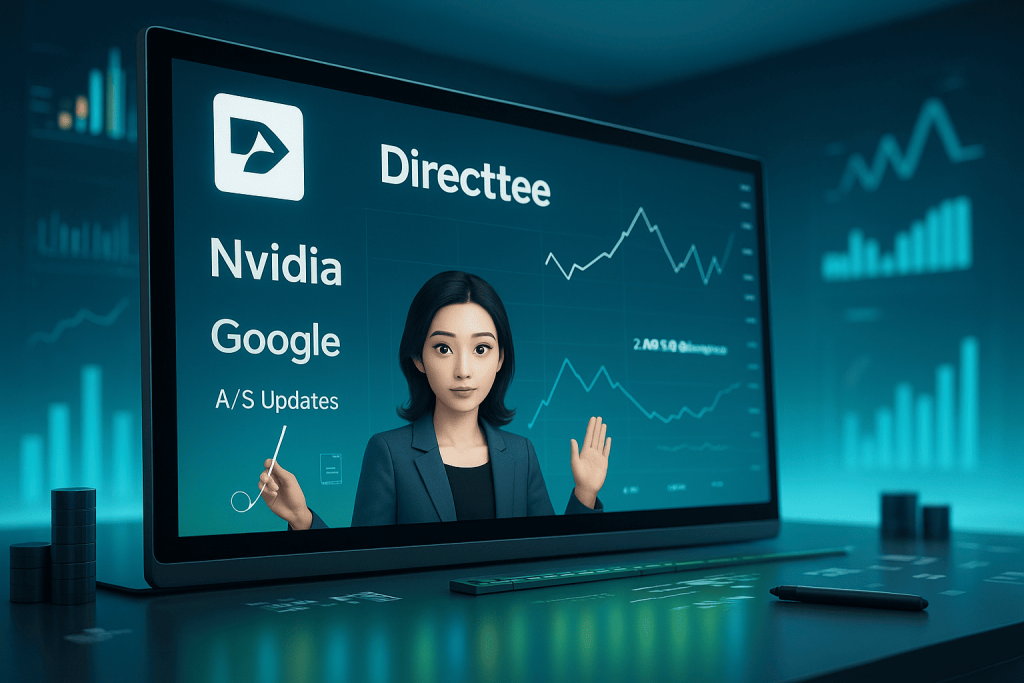 AI stock market update showing Nvidia and Google trends on a futuristic screen
