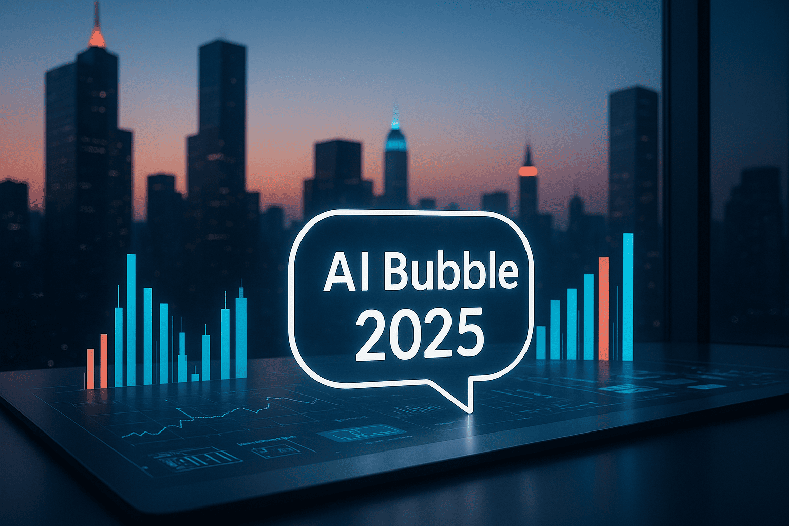 AI Bubble 2025 concept with digital stock market charts and futuristic city background