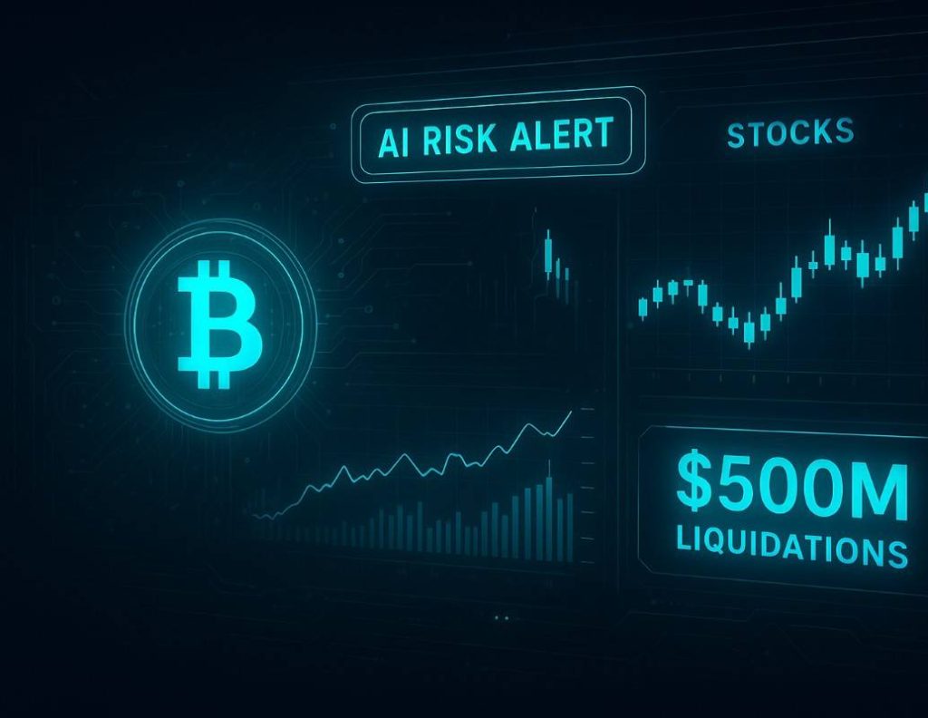 Futuristic trading dashboard with AI risk alert, Bitcoin hologram, and stock charts stabilizing after the 2025 market crash.