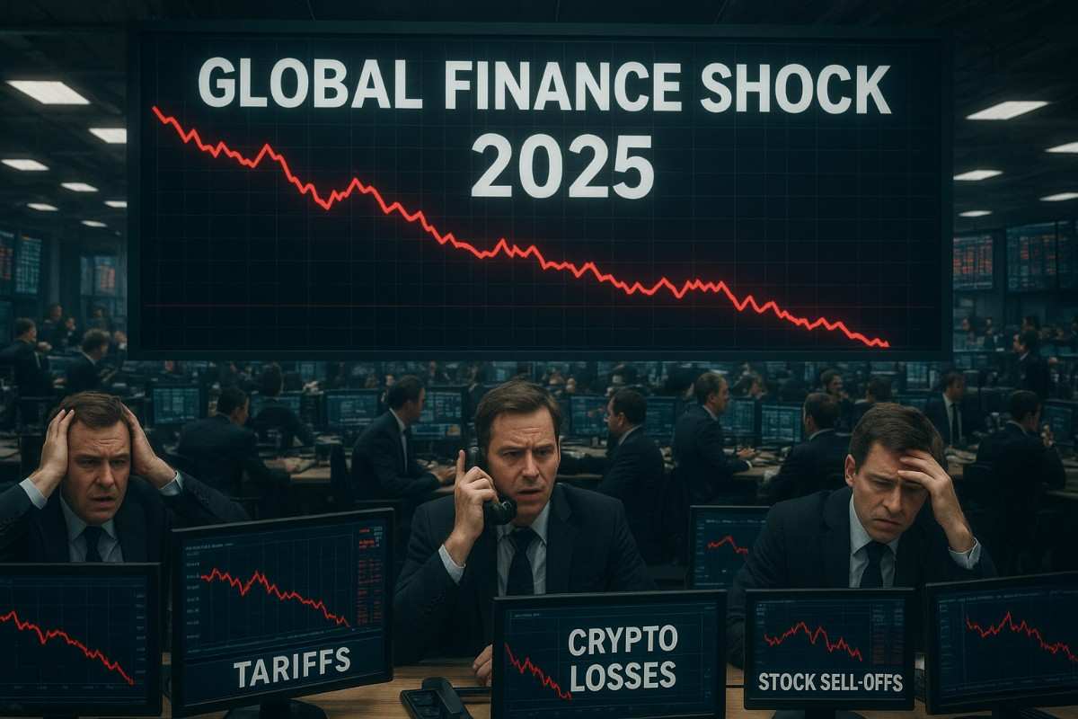 Global finance shock 2025 with tariffs, crypto losses, and stock sell-offs hitting markets