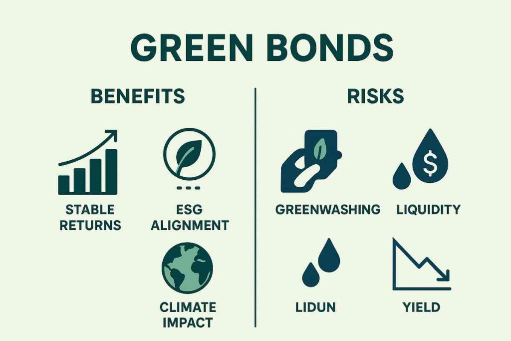 Infographic comparing benefits and risks of green bonds in 2025 with icons for returns, ESG alignment, climate impact, greenwashing, liquidity, and yields.