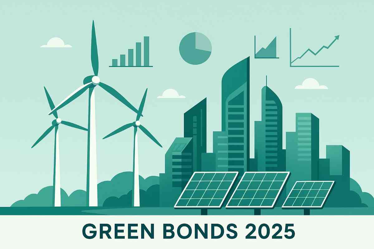 Futuristic financial skyline with renewable energy powering green bonds and sustainable investing in 2025.