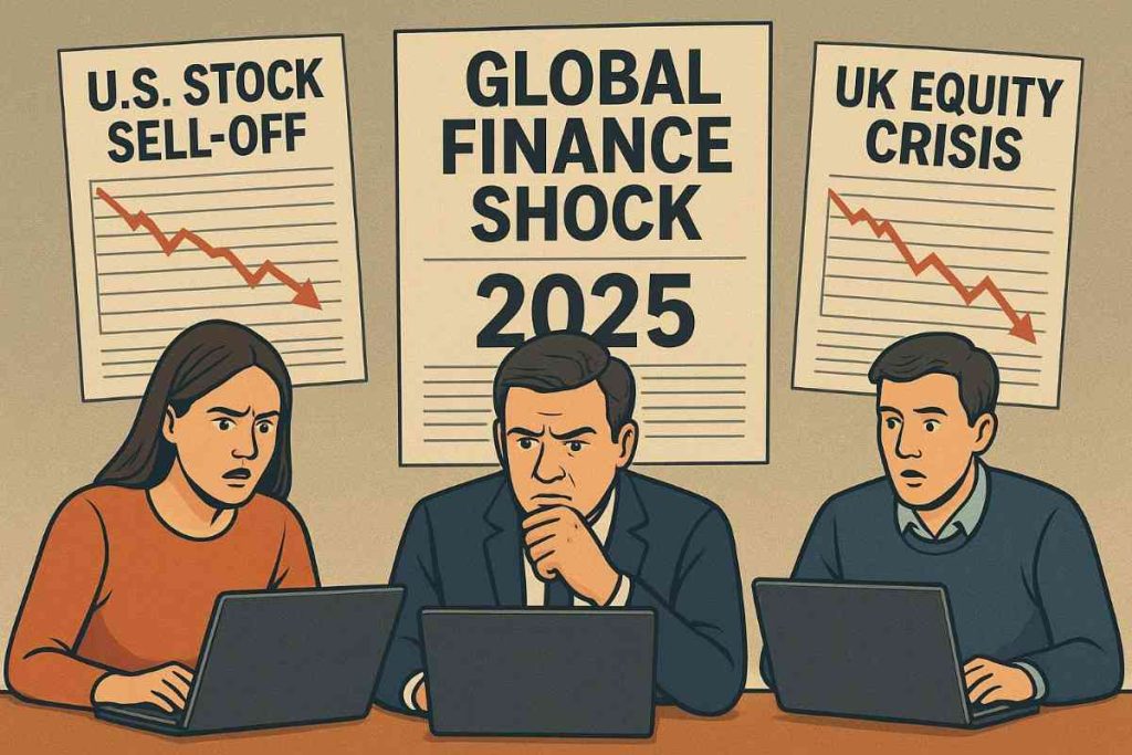 Global finance shock 2025 showing U.S. stock sell-off and UK equity crisis with worried investors
