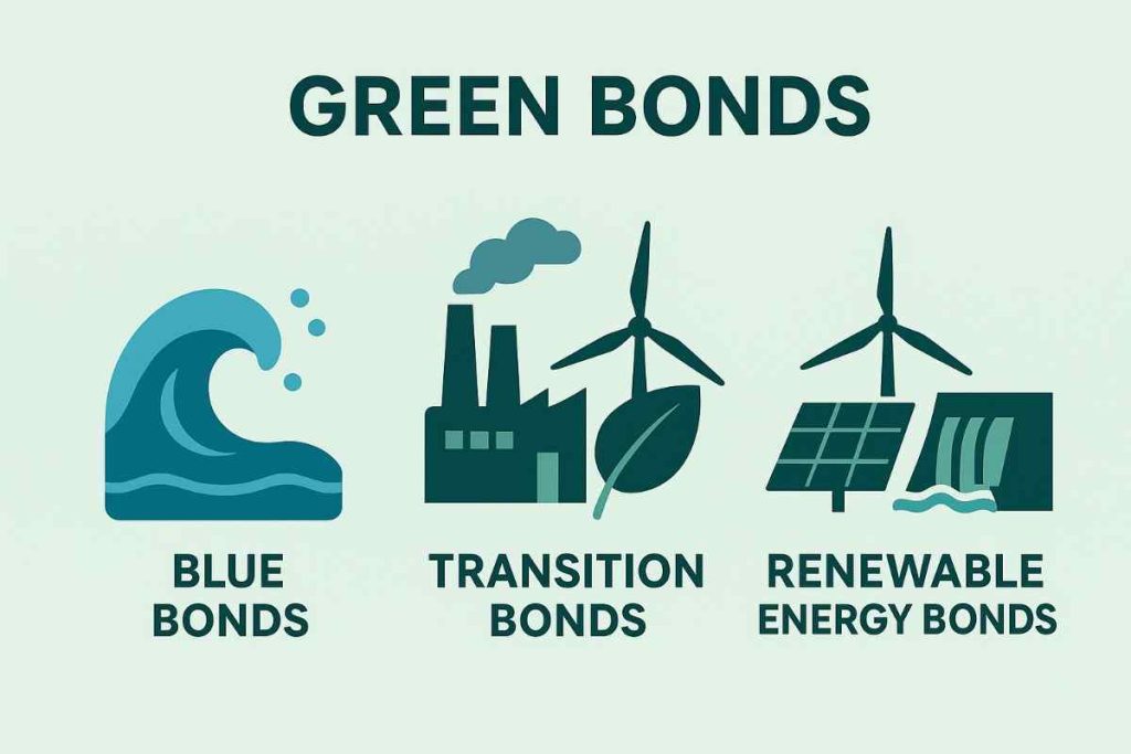 Infographic showing Blue Bonds, Transition Bonds, and Renewable Energy Bonds with clear icons and labels.