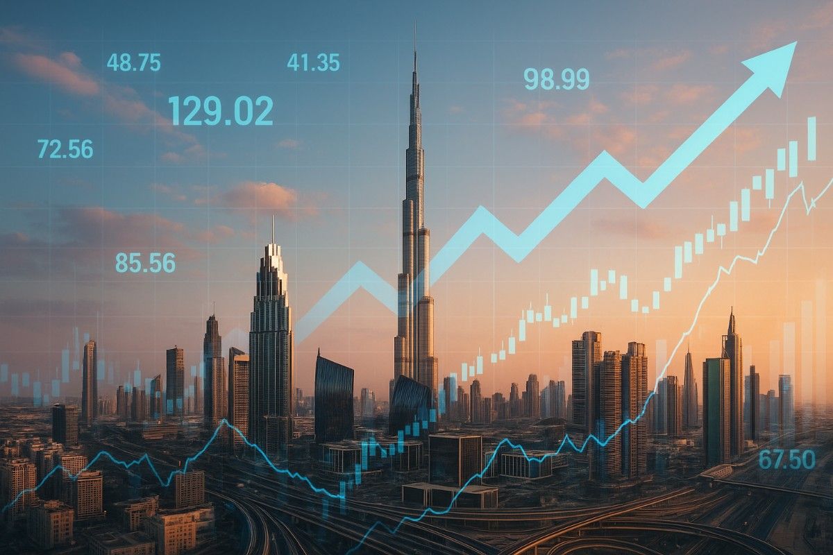 Dubai skyline with rising stock market graph, symbolizing millionaire migration and global capital shifts in 2025.