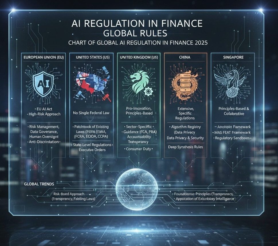 Chart of global AI regulation in finance 2025 across EU, US, UK, China, and Singapore.