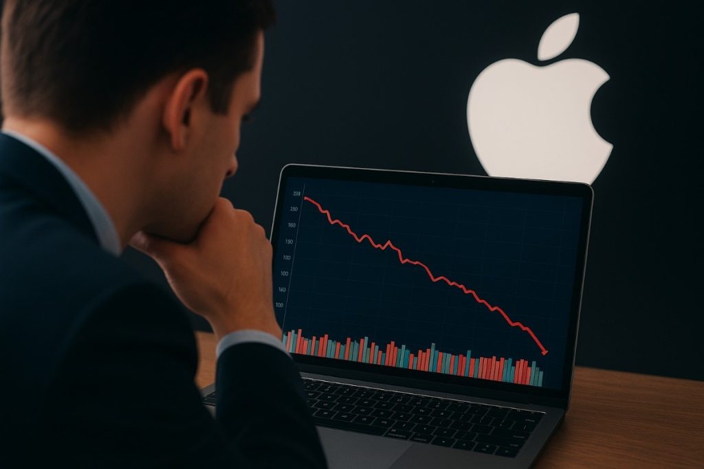 Investor reviewing financial charts on laptop showing Apple stock decline with Apple logo in background