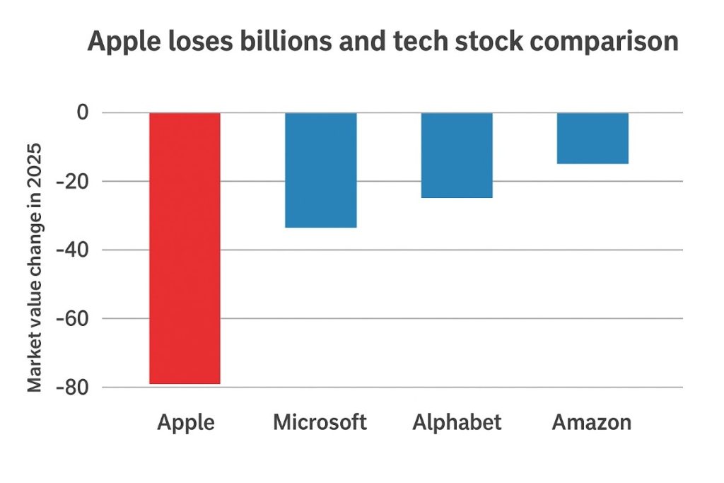 Bar chart comparing Apple loses billions with Microsoft, Alphabet, and Amazon market value changes in 2025