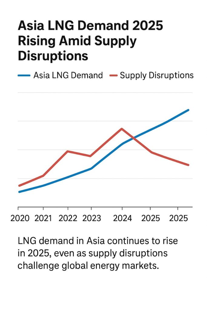 Line chart showing rising LNG demand in Asia from 2020 to 2025 compared with fluctuating global supply disruptions.