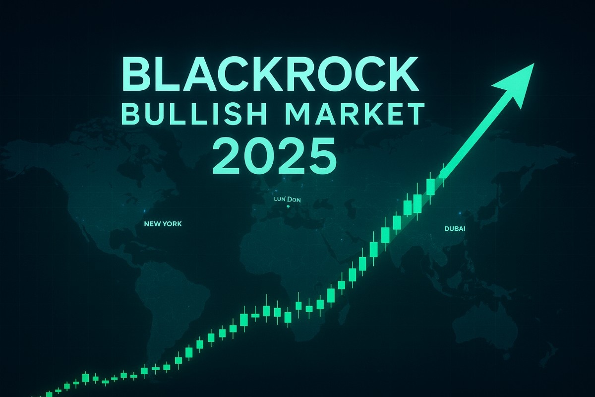 Rising green candlestick chart over world map with glowing financial hubs, highlighting BlackRock’s bullish 2025 market outlook.
