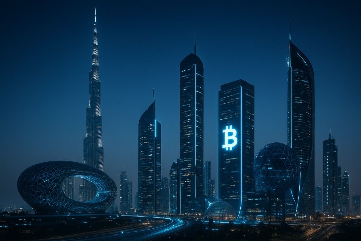Dubai skyline at twilight with glowing skyscrapers and fintech-inspired architecture