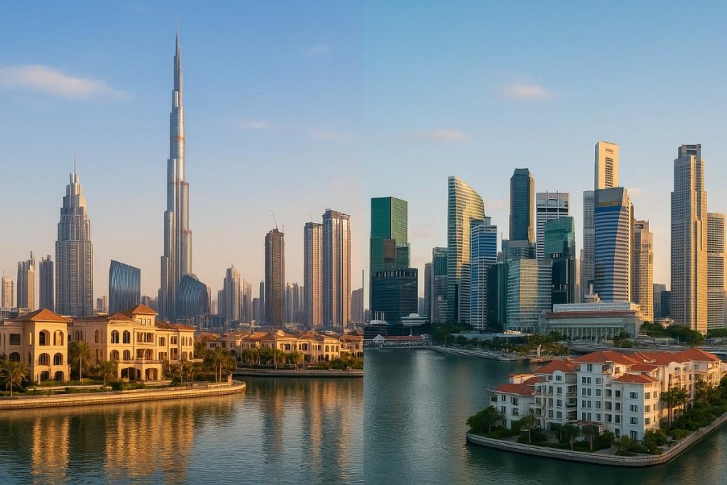 Millionaire migration wealth shifts real estate impact, showing luxury skylines of Dubai and Singapore.