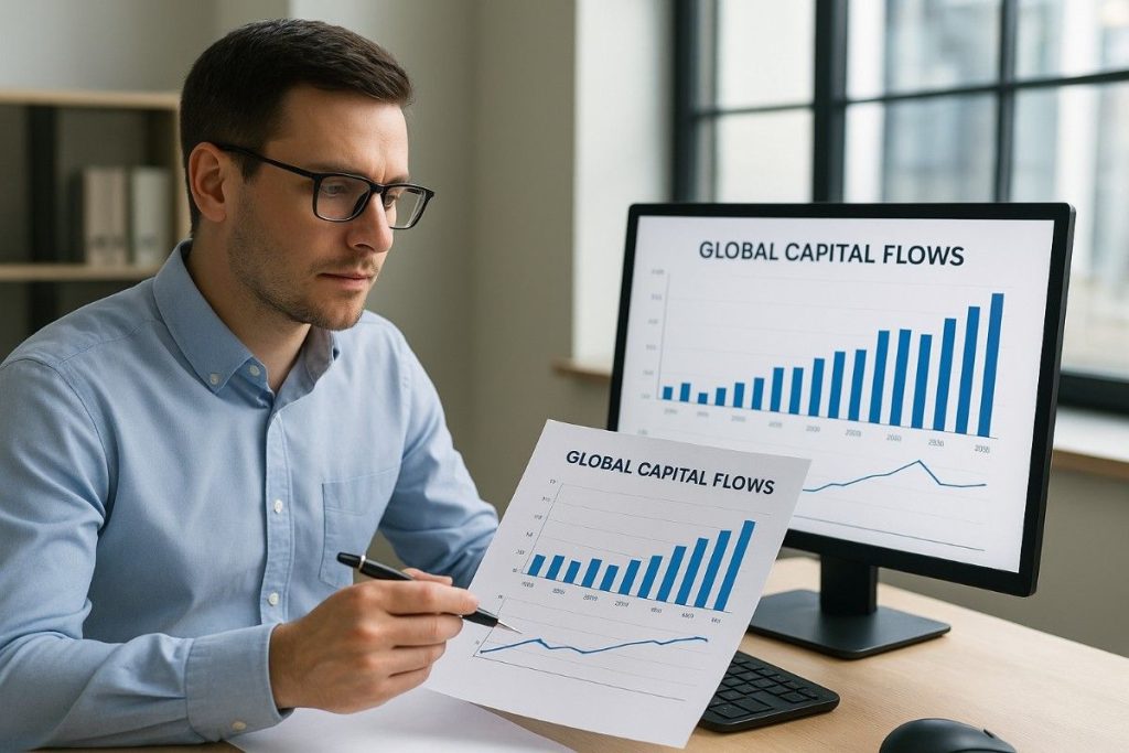 Financial analyst examining global capital flows charts on paper and computer screen