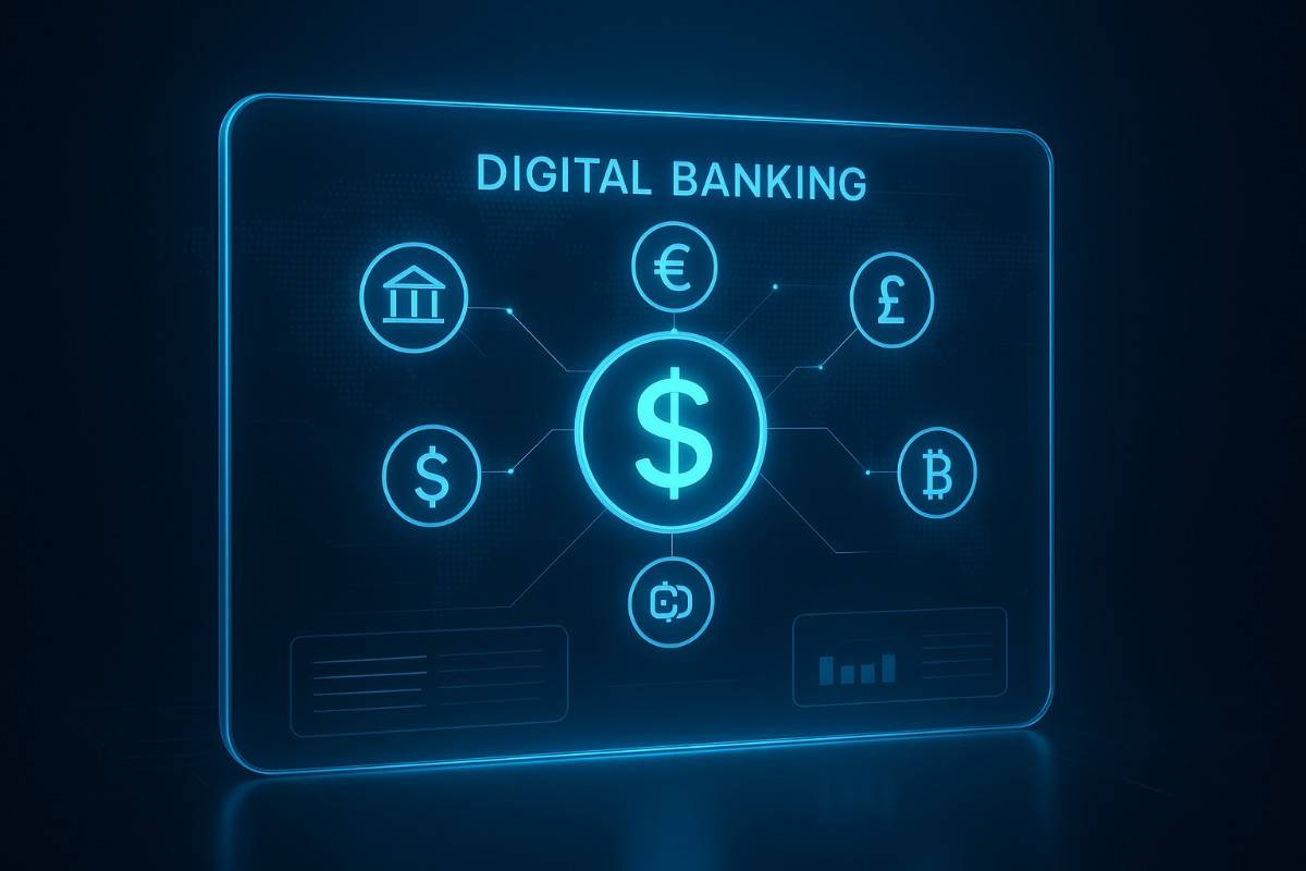 Futuristic holographic digital banking interface showing stablecoin symbol connected to global currencies