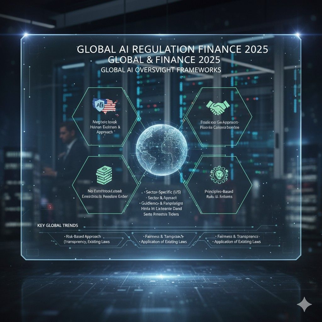 Infographic of global AI regulation in finance 2025 showing oversight frameworks, risk-based approaches, sector-specific rules, and principles-based governance.