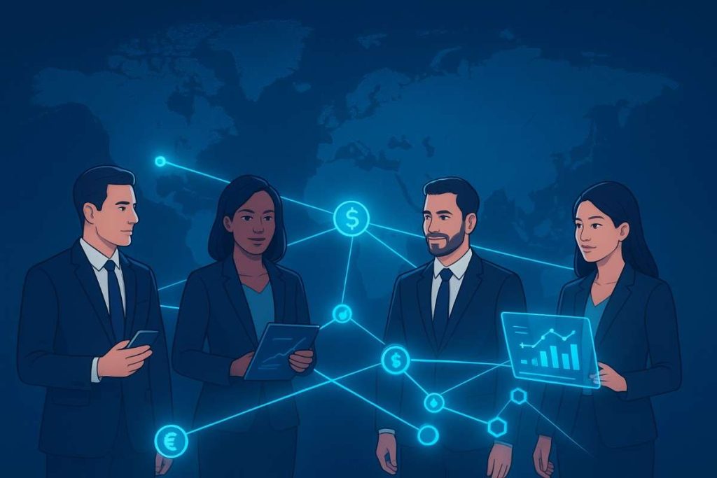 Illustration of business professionals in New York, London, Paris, and Dubai connected by glowing digital finance networks across a world map