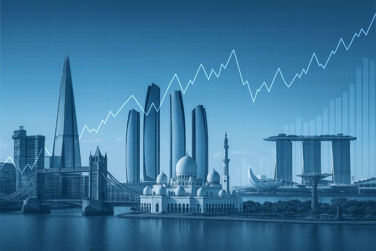 Skyline of London, Abu Dhabi, and Singapore with financial growth chart overlay, symbolizing global finance 2025.