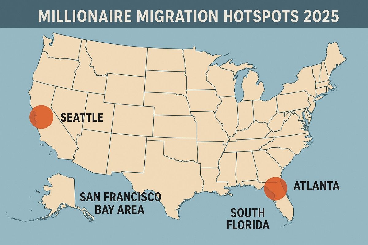 Map of the United States highlighting millionaire migration hotspots in 2025, with circles marking Seattle, San Francisco Bay Area, Atlanta, and South Florida.