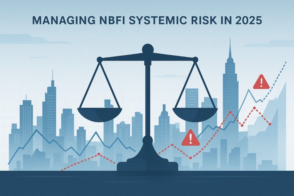 Futuristic city skyline overlaid with financial graphs, a balance scale in the center symbolizing stability versus risk, and red warning icons highlighting systemic vulnerabilities of non-bank financial institutions in 2025.