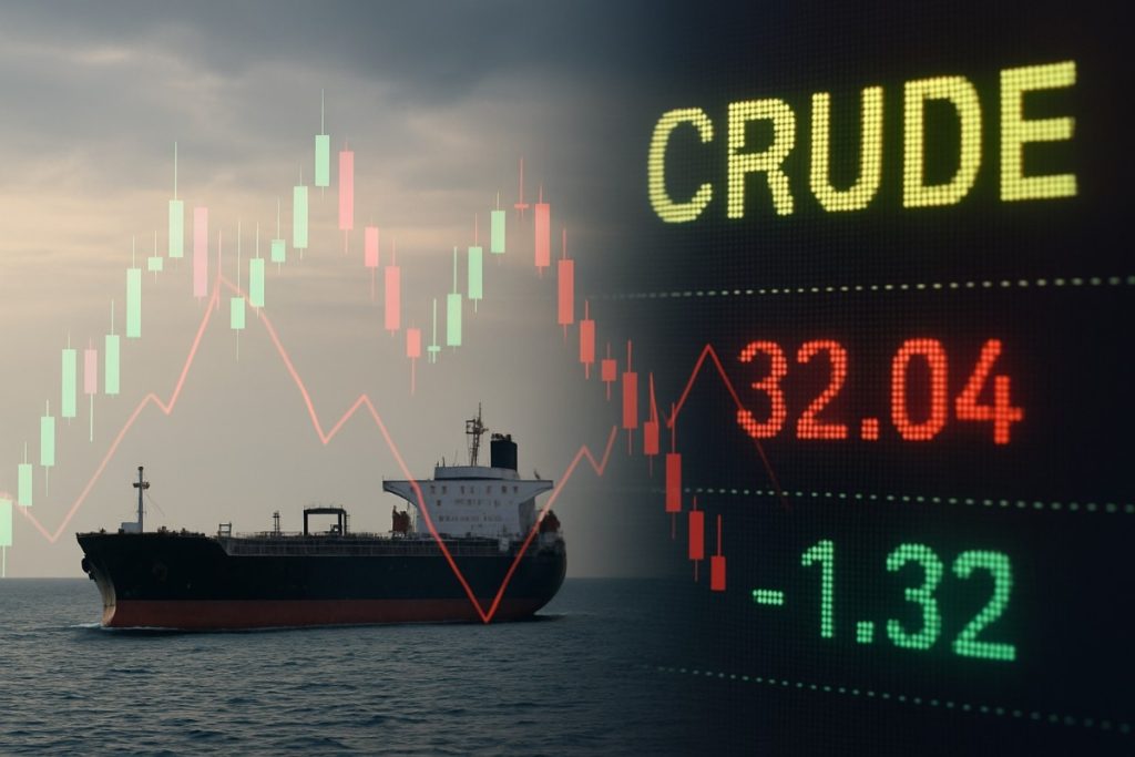 Oil tanker at sea with financial candlestick chart overlay showing crude oil market volatility