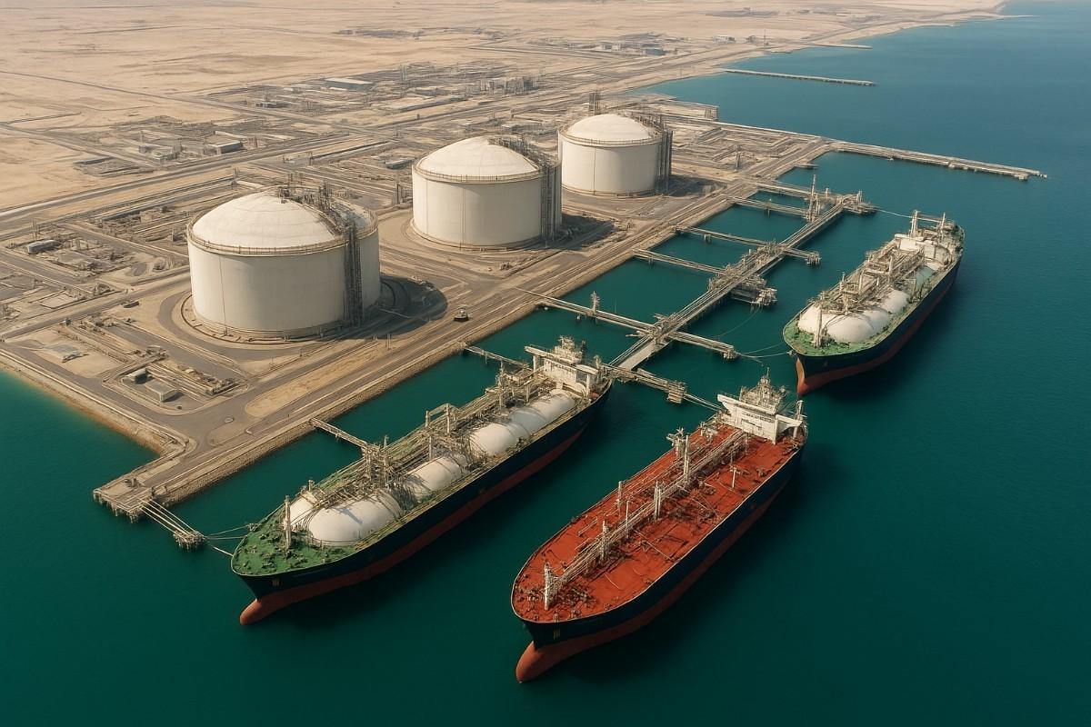 High-resolution aerial view of Qatar LNG export terminal with massive storage tanks and international tankers docked for global shipments.