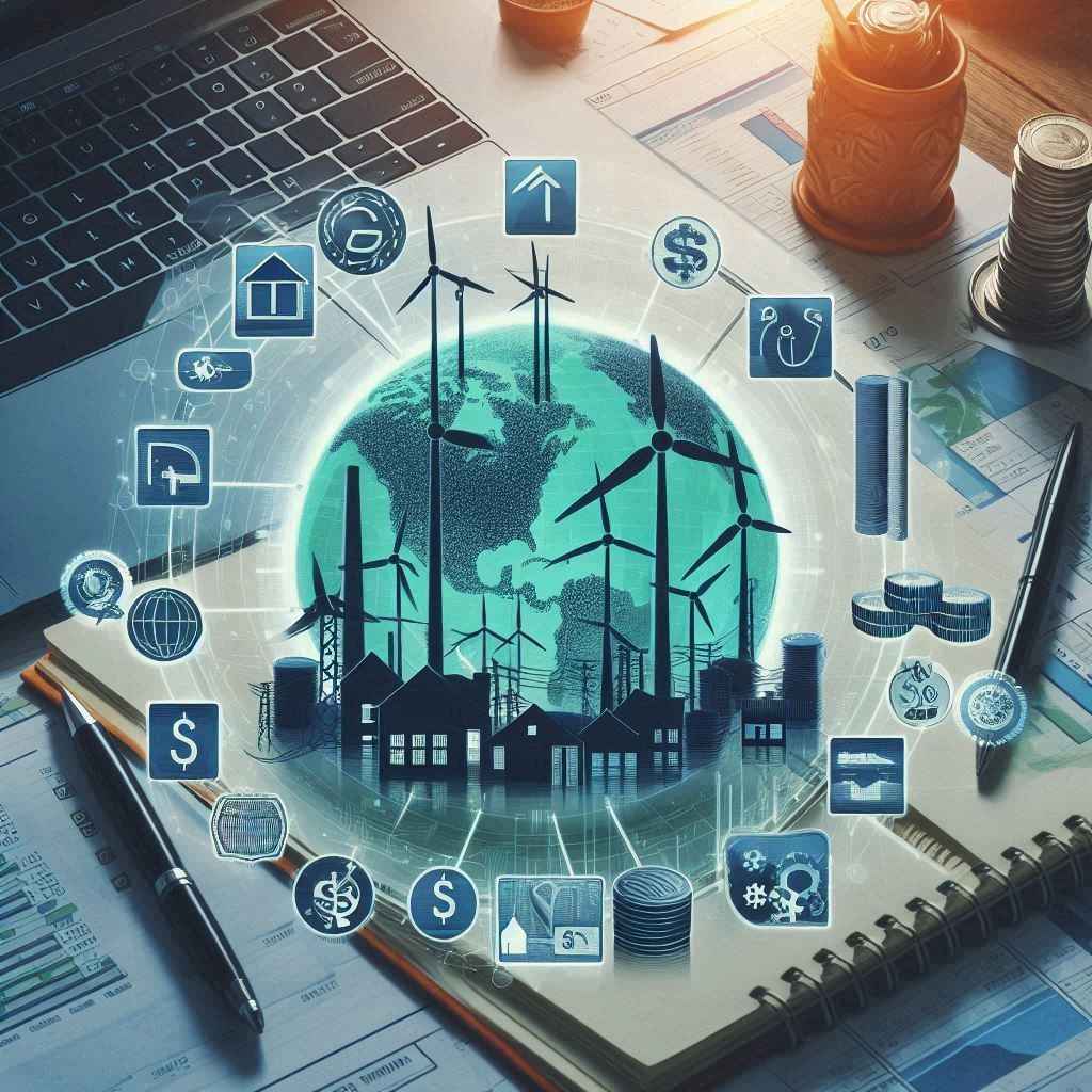 Renewable energy projects with financial icons overlayed, symbolizing investment opportunities in green finance 2025.