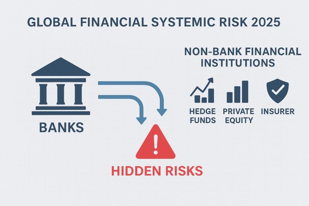 Infographic showing money flows between traditional banks and non-bank financial institutions including hedge funds, private equity, and insurers, with a red warning icon highlighting hidden risks.