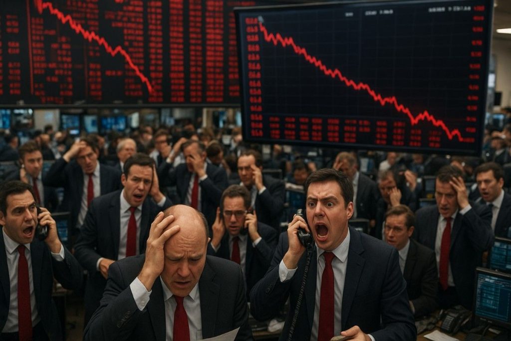 Traders on a busy stock exchange floor reacting to sharp market declines shown on large screens