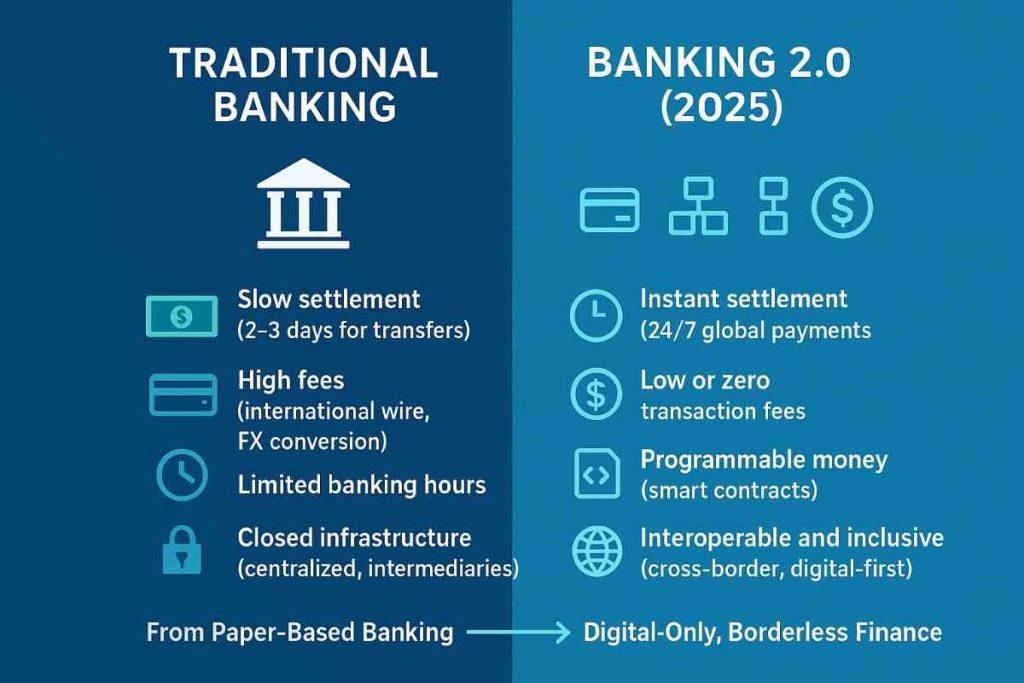 Comparison infographic showing differences between traditional banking and Banking 2.0 with stablecoins and CBDCs