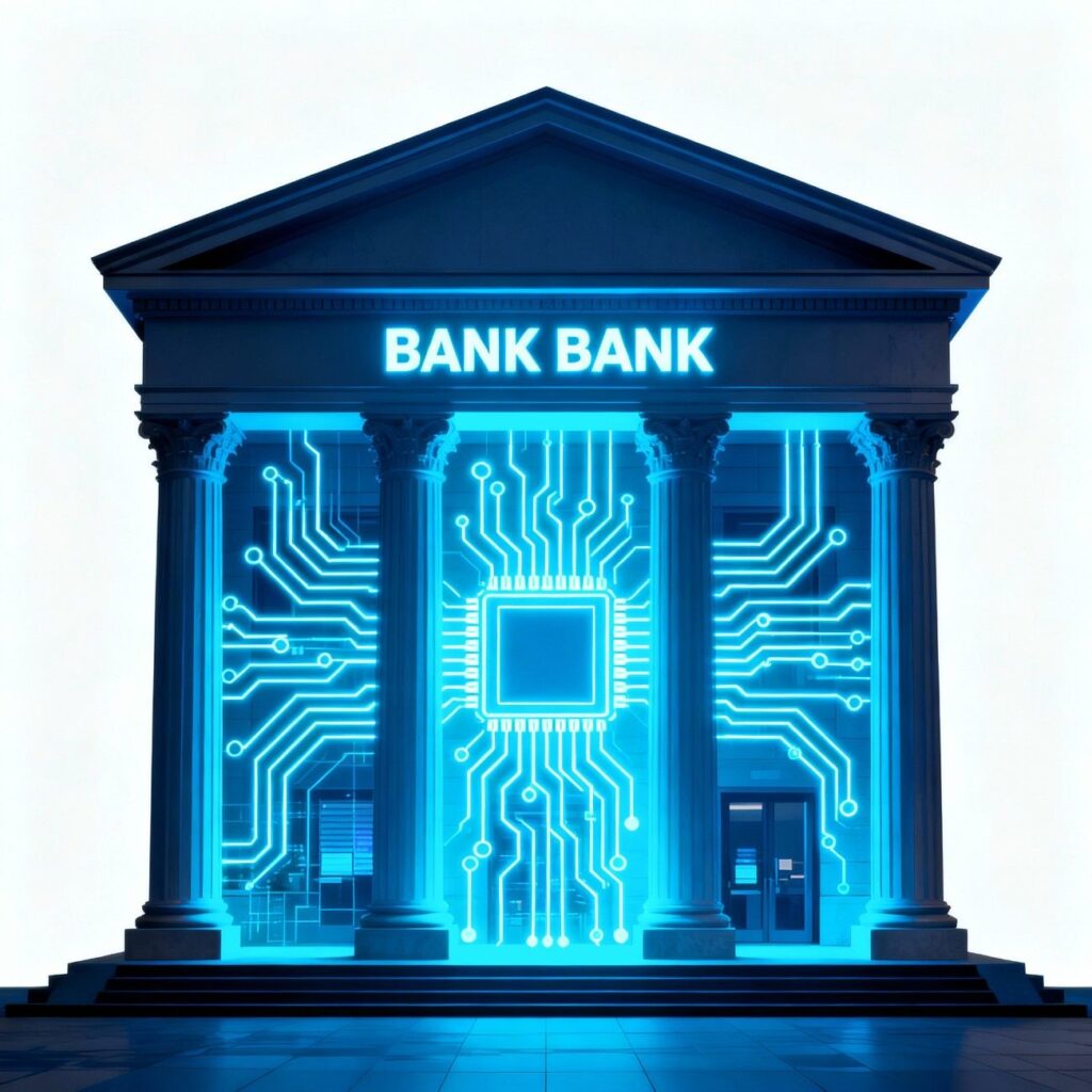 Bank building with digital circuit overlay symbolizing central bank digital currency technology