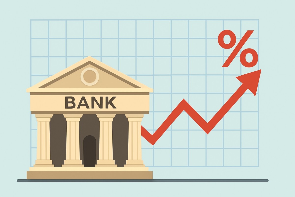Illustration of a central bank with rising interest rate graph