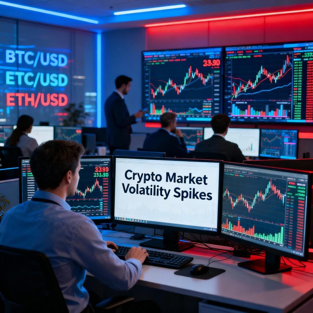 Traders watching live crypto price charts during high market volatility.