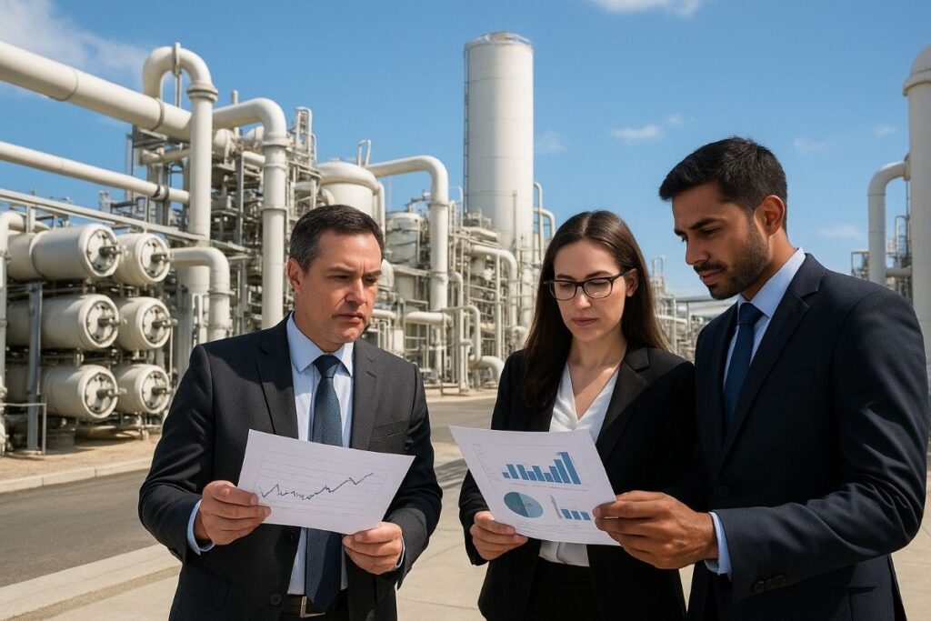 Investors analyzing financial reports at a desalination plant, reflecting water investing 2025 strategies