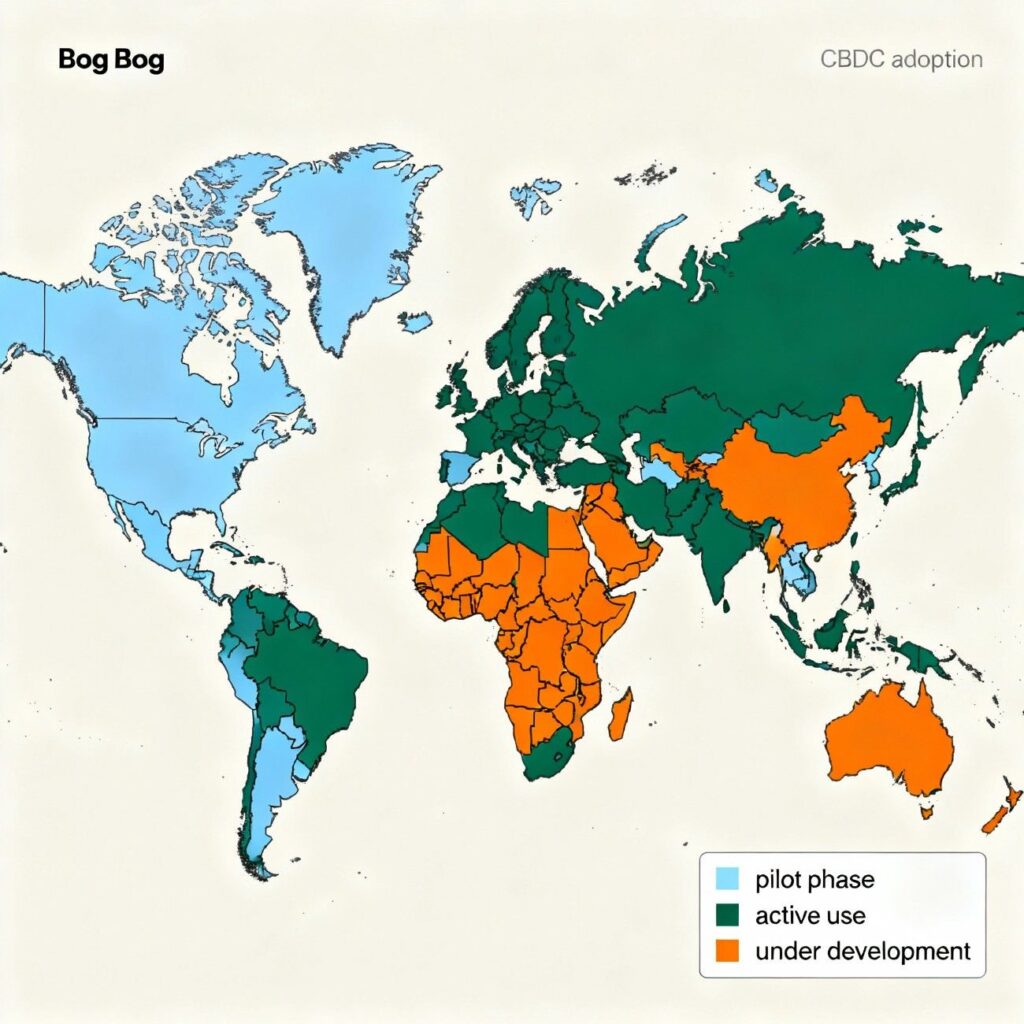 Global map showing central bank digital currency adoption progress in 2025