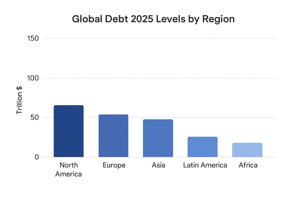 Bar chart showing global debt 2025 levels by region including US, China, Europe, Japan, and emerging markets