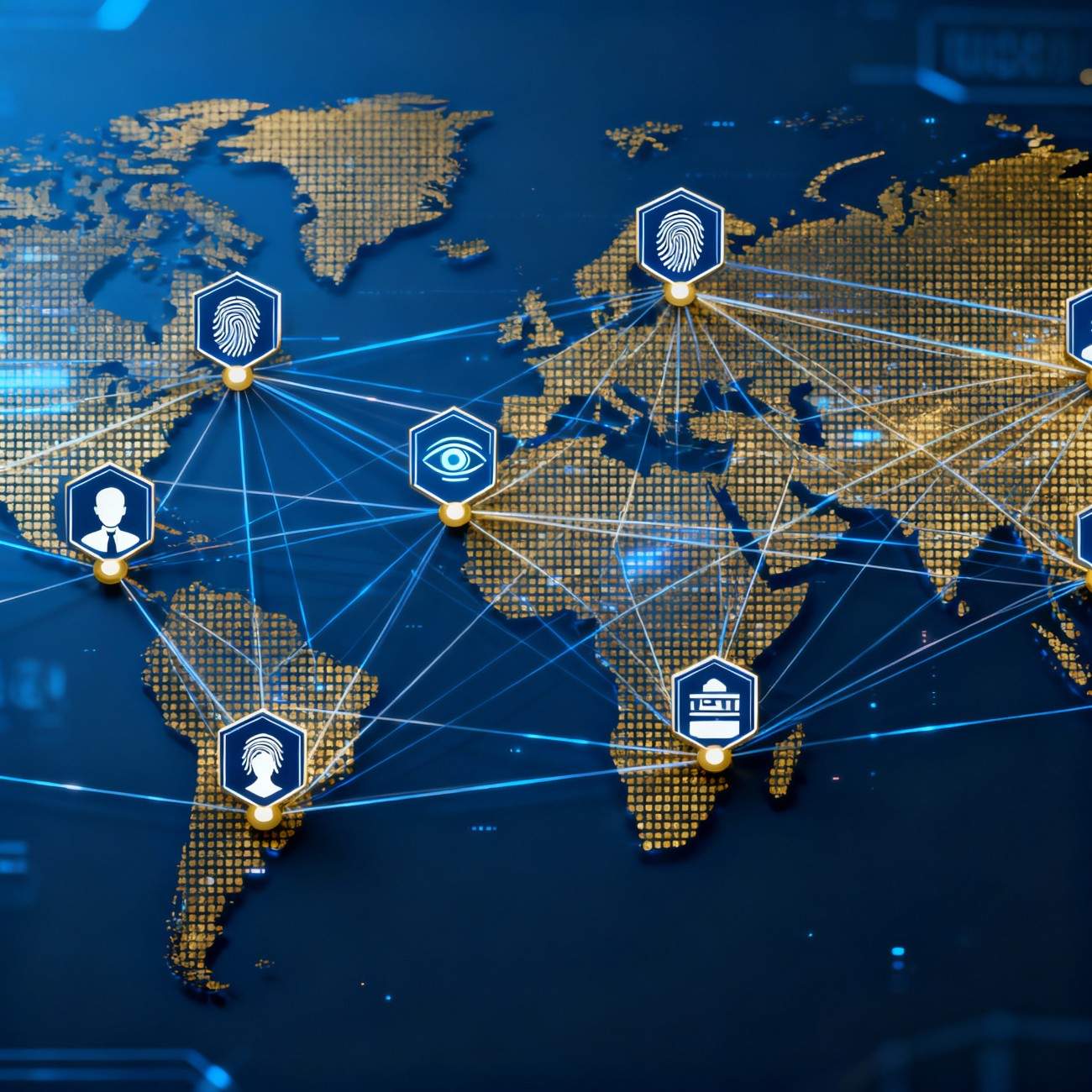 Digital illustration of a global identity network linking people, banks, and biometric data across a world map in blue and gold colors.