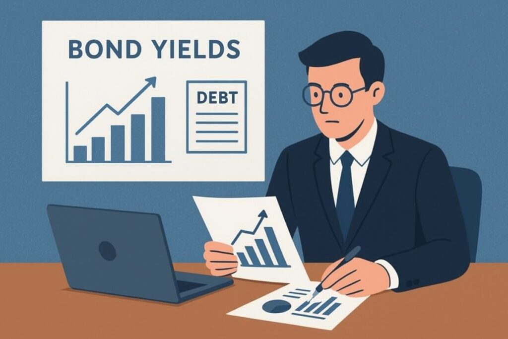 Illustration of an investor reviewing bond yields and debt data with charts and reports