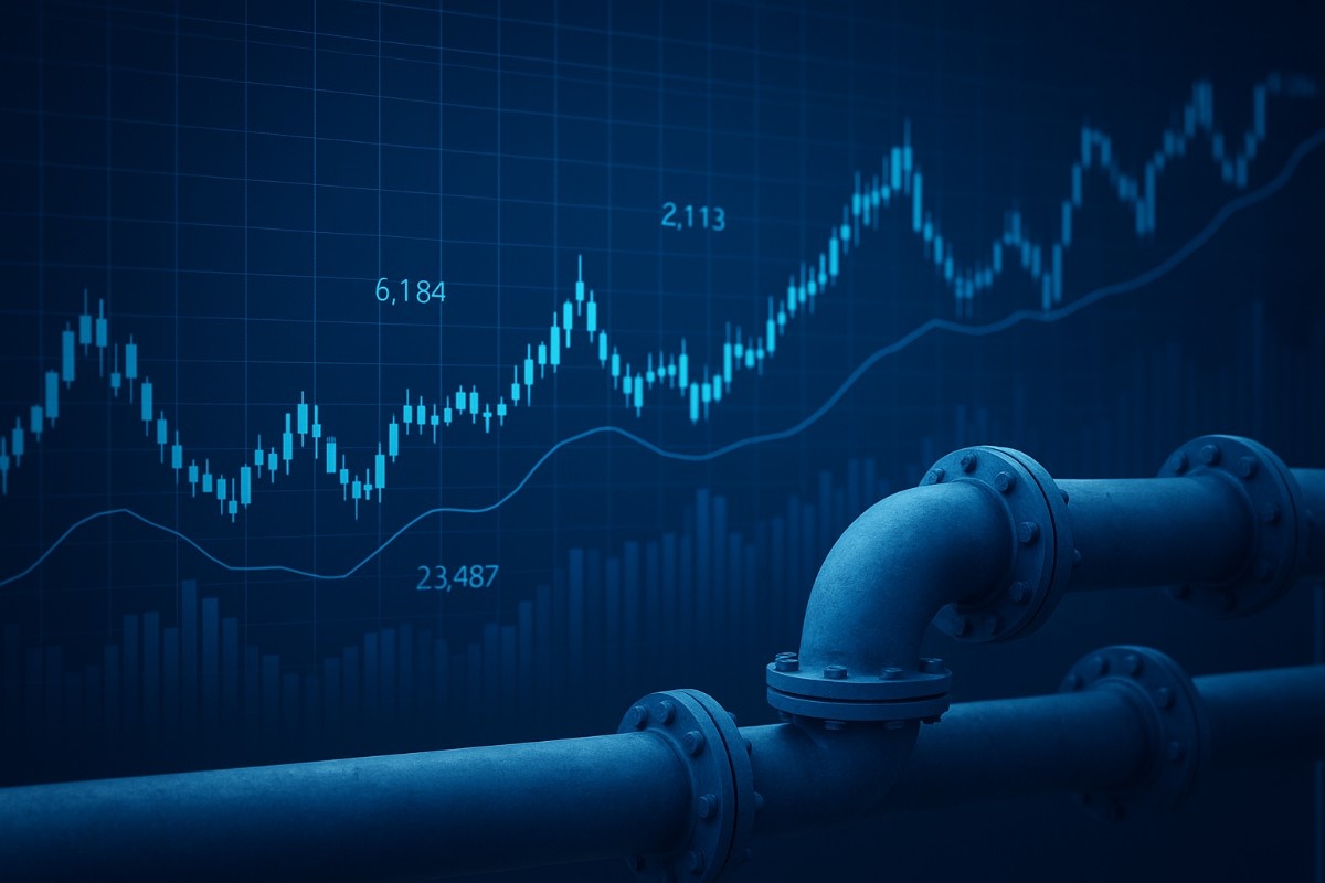 Global financial chart overlayed with water pipelines showing water investing 2025 trends
